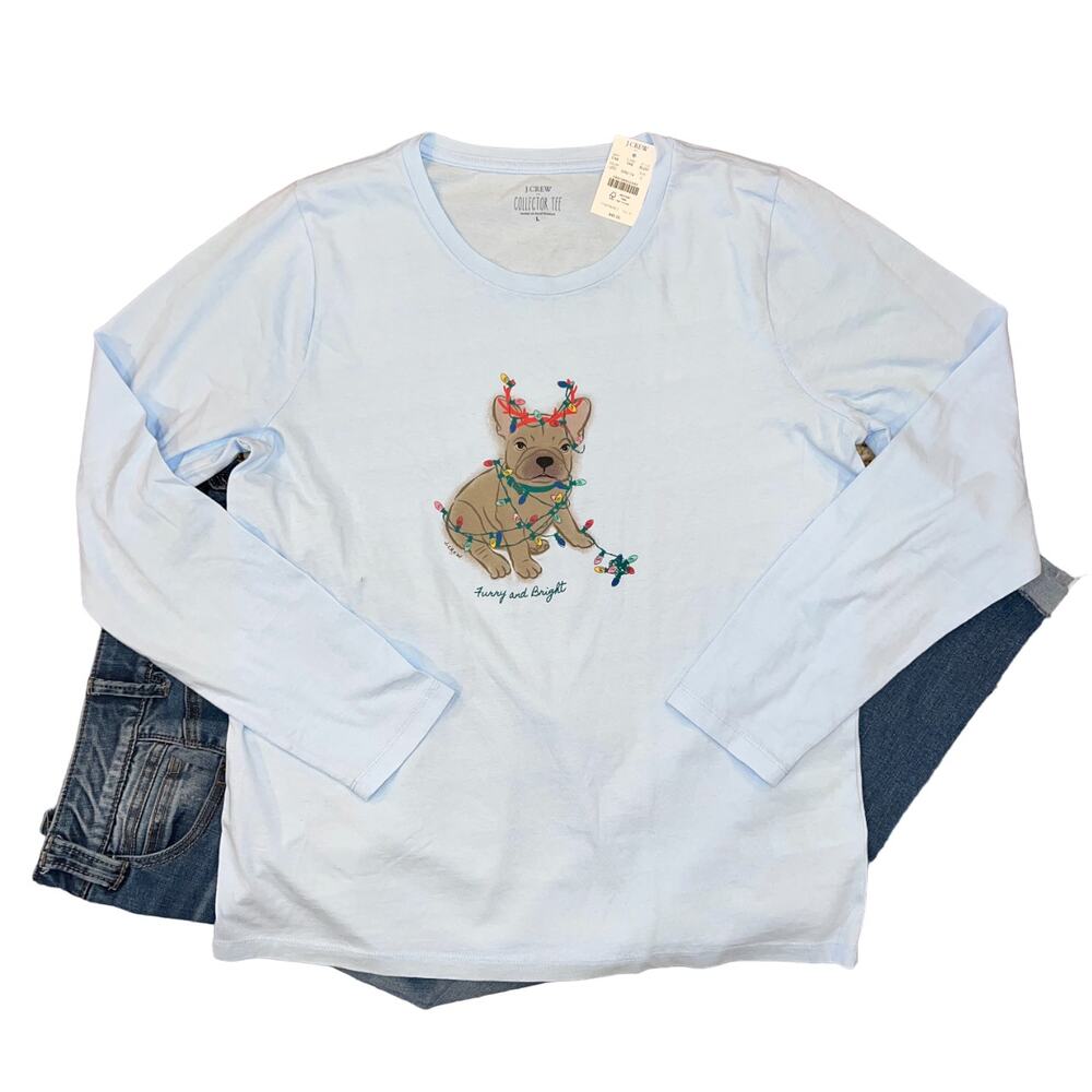 NWT J. Crew Blue W/"Furry & Bright" Dog & Christmas Lights Graphic Tee - SIZE XL